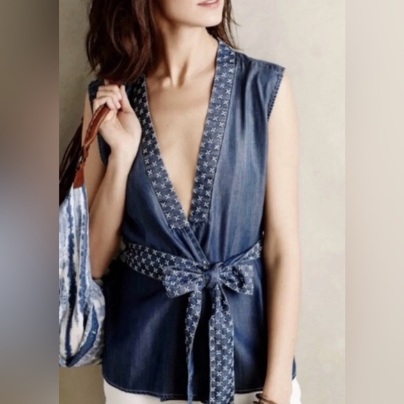 Holding Horses Anthropologie XL Stylish Blue Wrap Tank Top with Belt - Picture 1 of 13